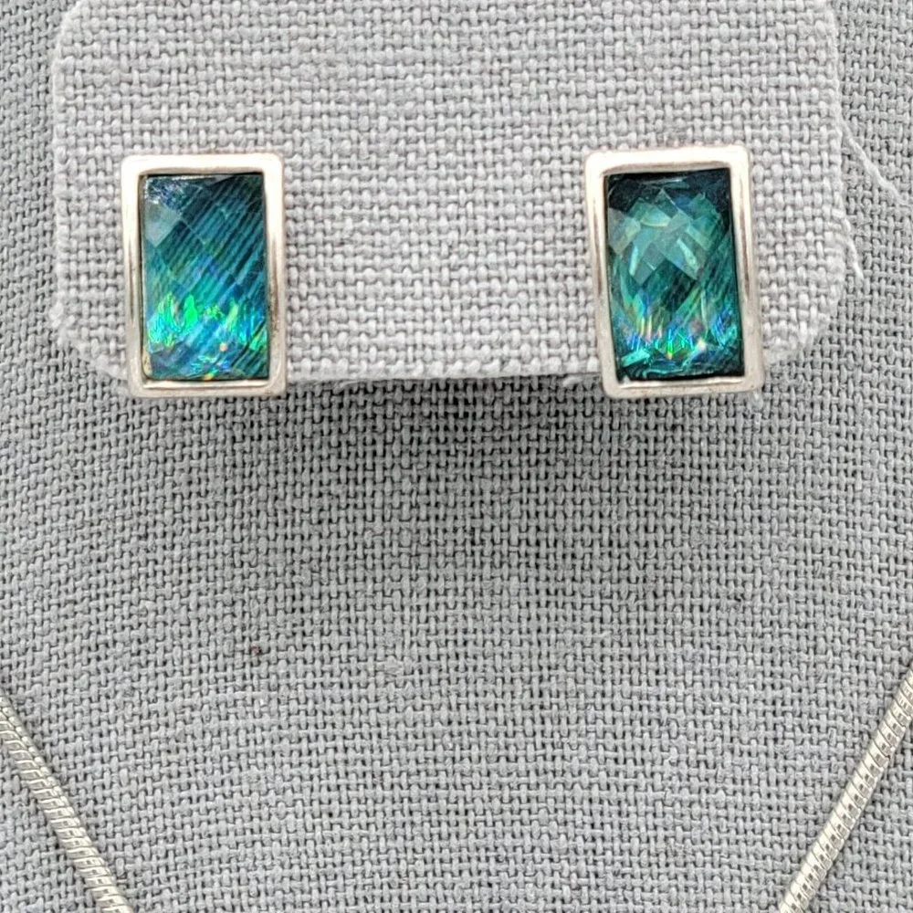 KC Blue Stone Rectangle Pendant Necklace Earrings Fashion Set Blue Silver Tone - Picture 5 of 12